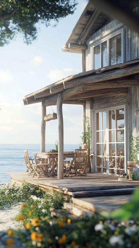 Title: Seaside dream cabin with a deck by the ocean Coastal Cabin, Dream Cabin, Cottage By The Sea, Surf Shack, By The Ocean, Type Setting, Coastal Living, By The Sea, The Coast