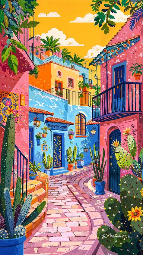 Immersed in a kaleidoscope of colors and stories. 💜🌸🌵💖✨ . . 1 or 2? . . . . . #ColorfulWander #MagicMoments #cactus #nature #naturelove #vibrantvillage #kaleidoscope #prernaverse #ai #aiart #midjourney #digitalart #villagepainting Fantasy Coastal City, Maximalist Illustration, Ipad Art Ideas, Maximalist Apartment, Colourful Drawing, Ideas For Sketchbook, Illustration Trends, Lovely Drawings, Procreate Illustrations