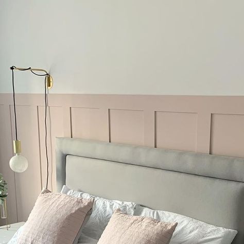 Steph on Instagram: "Behold - the bedroom of dusky pink dreams. I literally cannot believe the difference the panelling has made to our bedroom. And this room NEEDED something bold! It was so plain and felt empty beforehand, not the way a master bedroom should feel. This little project took barely no time at all, and in all cost us around £55, so I’m overjoyed that we decided to go DIY with it (see DIY Panelling highlight for some progress snaps). Is it bedtime yet? 😍 • #newbuildpanelling #diyp Plain Wall Makeover, Blush Pink Panelling Bedroom, Blush Pink Panelling, Dusty Pink Panelling Bedroom, Pink Panelled Bedroom, Bedroom Panelling Pink, Girls Bedroom Ideas Panelling, Dusky Pink Panelling, Panelling Girls Bedroom