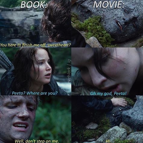 | The Hunger Games: the book vs. the movie | Divergent Vs Hunger Games, Quotes Hunger Games, Hunger Games Quotes Peeta, Hunger Games Jokes, Books Vs Movies, Hunger Games Fan Art, Games Quotes, Divergent Hunger Games, Hunger Games Peeta