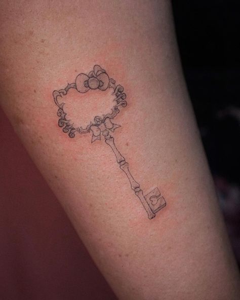 Star Key Tattoo, Hello Kitty Tattoo Ideas Design, Hello Kitty Cherry Tattoo, Matching Hello Kitty Tattoos, Tattoo Ideas Hello Kitty, Hello Kitty Bow Tattoo, Cybercore Tattoo, Sanrio Tattoo Ideas, Small Hello Kitty Tattoo