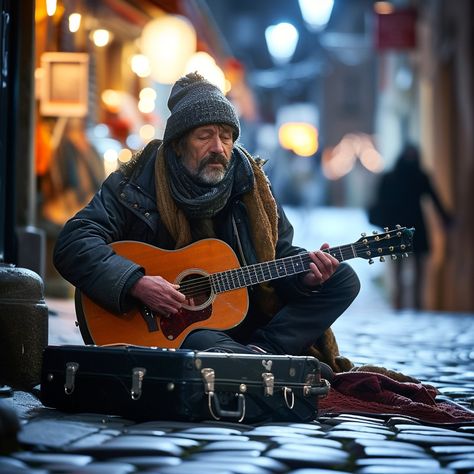 "Street #Busker Playing: A #bearded street musician plays his #guitar with #passion on a cobblestone #street at #dusk. #music #street #guitar #musician #cobblestone #aiart #aiphoto #stockcake ⬇️ Download and 📝 Prompt 👉 https://stockcake.com/i/street-musician-playing_260355_51262" Cobblestone Street, Street Musician, Heavy Coat, Music Performance, Guitar Player, Playing Guitar, Bearded Men, Free Stock Photos, Musician