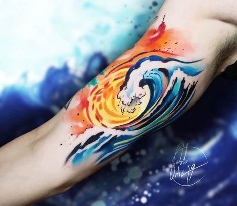 Kanagawa Wave tattoo by Pablo Ortiz Tattoo | Photo 28858 Large Wave Tattoo, Kanagawa Wave Tattoo, Watercolor Wave Tattoo, Water Tattoo Ideas, Tattoo Large, Wave Tattoo Design, Wave Tattoo, Watercolor Wave, Water Tattoo