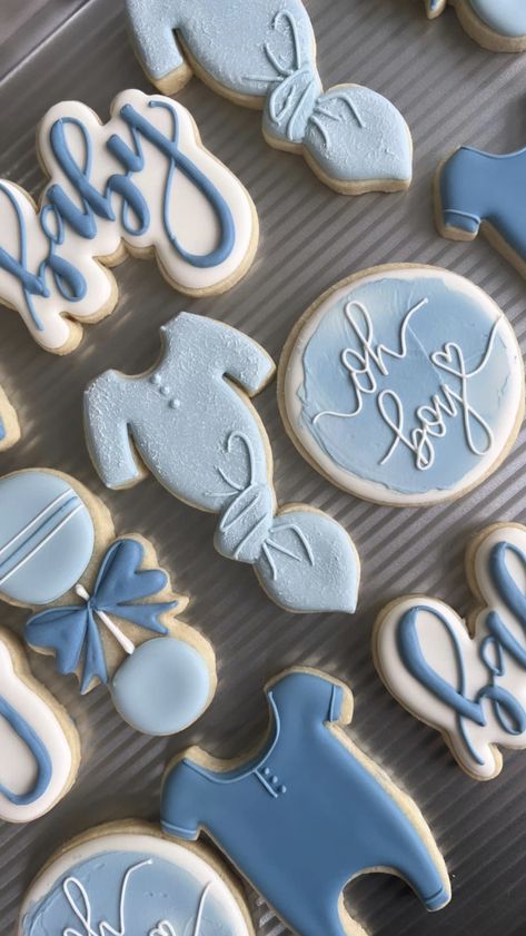 Oh Boy Cookies Decorated, Boho Baby Shower Cookies Boy, Blueberry Baby Shower Cookies, Oh Boy Baby Shower Cookies, Boy Oh Boy Baby Shower Ideas, Dusty Blue Baby Shower Cake, Blue Theme Baby Shower Ideas, Baby Boy Shower Cookies Decorated, Elegant Baby Boy Shower Ideas