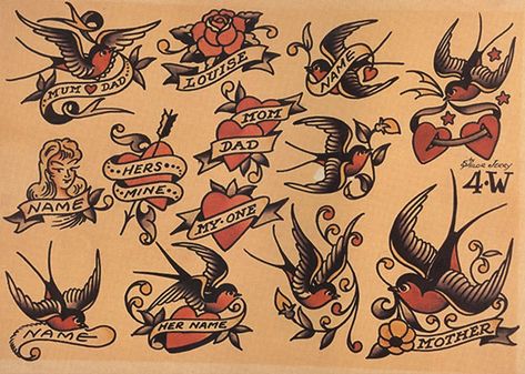 Sailor Jerry Tattoo Ideas | Designs for Sailor Jerry Tattoos Sailor Jerry Flash, Sailor Jerry Tattoo Flash, Sailor Tattoos, Monami Frost, Sailor Tattoo, Timeless Tattoo, Sailor Jerry Tattoos, Swallow Tattoo, Omerta Tattoo