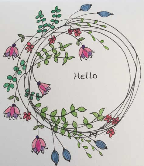 Doodle Wreath Floral, Zentangle Greeting Cards, Hand Drawn Cards Ideas, Watercolor Doodles Flowers, Card Decoration Ideas Drawing, Hand Painted Cards Ideas, Flower Doodle Art Design, Envelope Art Drawing, Floral Doodle Art