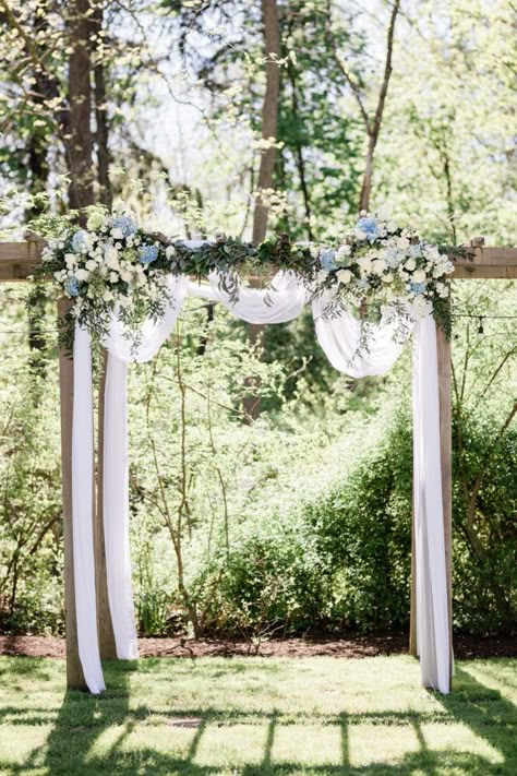 Dusty Blue Wedding Flower Arch, Dusty Blue Wedding Arbor Flowers, Wedding Arch Ideas Blue And White, Dusty Blue Floral Arch, Wedding Arch Navy Blue, Dusty Blue Arbor Flowers, Dusty Blue Wedding Arch Ideas, Blue Hydrangea Arch Wedding, Dusty Blue Arch Wedding