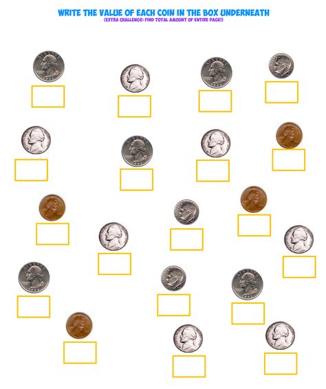 Challenge your students to write the coin values in the boxes below the coins! (Free Worksheet!) Coin Worksheets, Coins Worksheet, Values Worksheet, Value Worksheet, Identifying Coins, Math Maze, Free Math Worksheets, Coin Values, Free Math