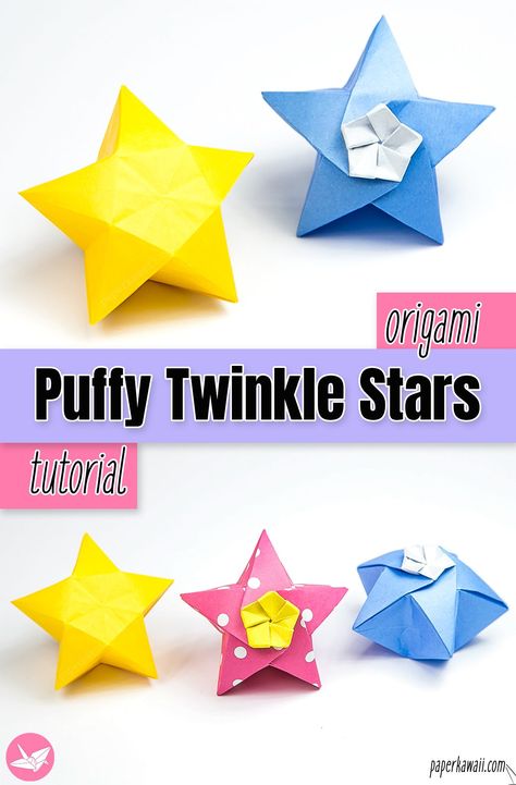 origami-twinkle-star-tutorial-paper-kawaii-pin Origami With Square Paper, Origami Spaceship, Origami Stars Step By Step, Oragami Star, Paper Stars Tutorial, Oragami Ideas Cute, Origami 3d Star, Origami Idea, Origami Kite