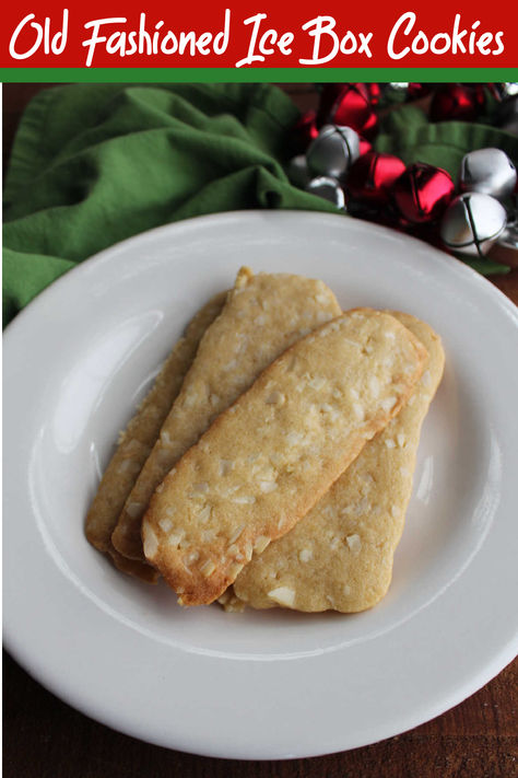 These old fashioned icebox cookies are buttery and crisp with bits of almonds throughout. The recipe comes from my great-grandma’s recipe box and they have been a staple in my family for generations. Oatmeal Icebox Cookies, Ice Box Cookies Recipe, Icebox Cookies Old Fashioned, Ice Box Cookies Old Fashioned, Woolworth Recipes, 1920 Recipes, Old Fashioned Christmas Cookies, Icebox Cookie Recipe, Crave Cookies