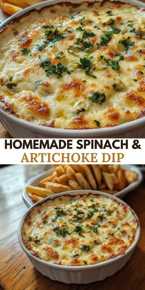 This homemade spinach and artichoke dip is a crowd-pleasing appetizer that combines creamy cheese, tender spinach, and artichoke hearts with the perfect blend of seasonings.

Perfect for parties, game days, or any gathering, this dip can be made ahead and stored for later use. Best Spinach And Artichoke Dip Recipe, Spinach Artichoke Dip With Tomatoes, Dips With Spinach, Restaurant Spinach Artichoke Dip, Spinach Artichoke Dip Alfredo Sauce, Restaurant Style Spinach Artichoke Dip, Artichoke Cheese Dip Baked, Red Lobster Spinach Artichoke Dip, Artichoke Heart Dip Recipes