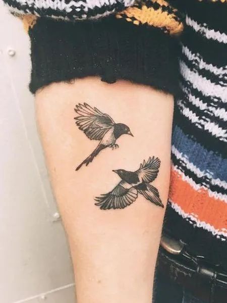 Forearm Magpie Tattoo Back Tattoo Designs, Magpie Tattoo, Bird Tattoos Arm, Bird Tattoo Meaning, Black Bird Tattoo, Small Bird Tattoo, Forearm Tattoo Design, Tattoo Meaning, Tattoo Designs And Meanings