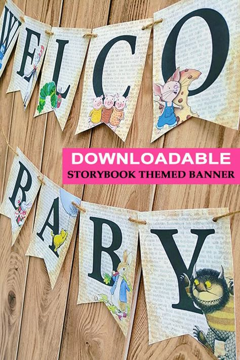 Story Book Balloon Garland, Storybook Photo Backdrop, Storybook Birthday Invitations, Vintage Story Book Baby Shower Ideas, Storybook Shower Ideas, Storybook Baby Shower Backdrop, Story Time Baby Shower Theme, Book Themed Baby Shower Games, Storybook Baby Shower Themes