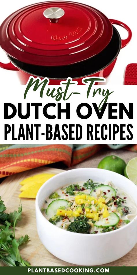 Master the art of Dutch oven cooking with these delicious plant-based recipes! From a vegan twist on Laksa to a unique one-pot pasta with a creamy cashew sauce, these recipes are proof that you can whip up nutritious and flavorful meals in no time. Each recipe is vegan-friendly and can easily be made gluten-free. Cook, savor, and enjoy the magic of Dutch oven recipes you can prep in under 20 minutes! Gf Dutch Oven Recipes, Dutch Oven Vegan Recipes, Vegan Cast Iron Recipes, Vegan Soup Recipes Plant Based, Dutch Oven Vegetarian Recipes, Dutch Oven Recipes Vegetarian, Vegan Dutch Oven Recipes, Vegetarian Dutch Oven Recipes, Vegan Dutch Oven