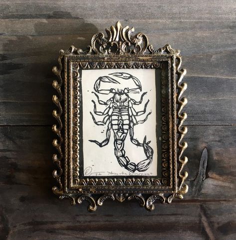 Scorpion Linocut, Insect Print, Relief Print, Mulberry Paper, Vintage Frame, Linocut Prints, Vintage Frames, Linocut, Tucson