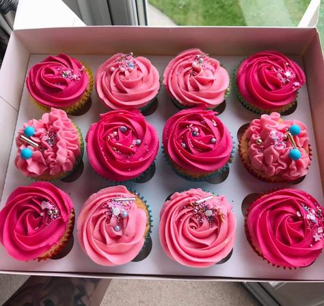 Pink Sparkle Cupcakes, Hot Pink And Silver Cupcakes, Hot Pink Cupcakes Birthday, Hot Pink Desserts, Pink Cupcakes Birthday, Hot Pink Cupcakes, Sparkle Cupcakes, Barbie Cupcakes, Bloom Bakery