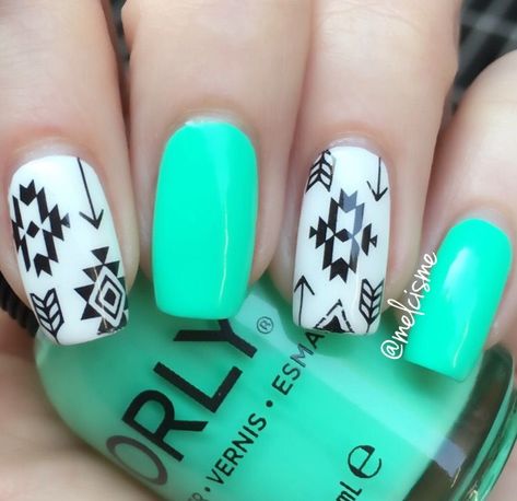 Aztec/Tribal design with a pop of neon.  #aztecnails #tribalnails #orly #summernails #bornprettystore Aztec Nails Design, Western Acrylics, Cowgirl Nail Designs, Cowgirl Nails Westerns, Native Nails, Punchy Nails, Dreamcatcher Nails, Aztec Nail Designs, Aztec Nail Art