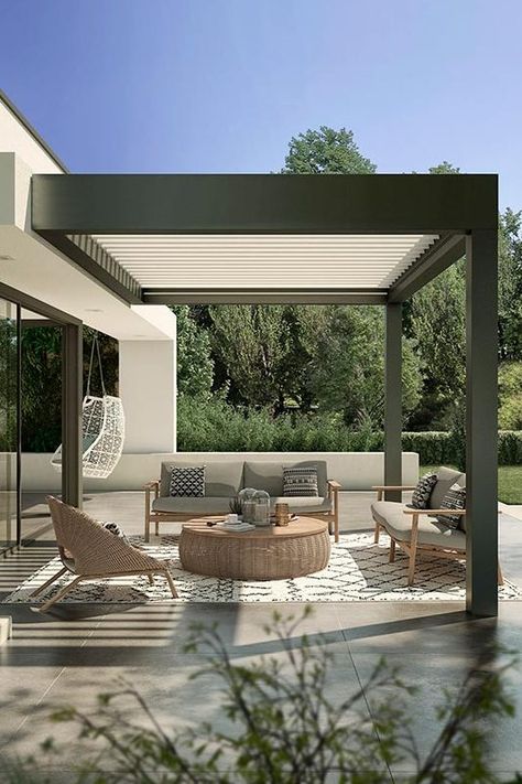 Bioclimatic Pergola with Louvered Roof | R-BLADE™ by Azenco Pergola Modern, Modern Pergola Designs, Bioclimatic Pergola, Modern Gazebo, Roof Garden Design, Rooftop Terrace Design, Rooftop Design, Modern Pergola, Outdoor Deco