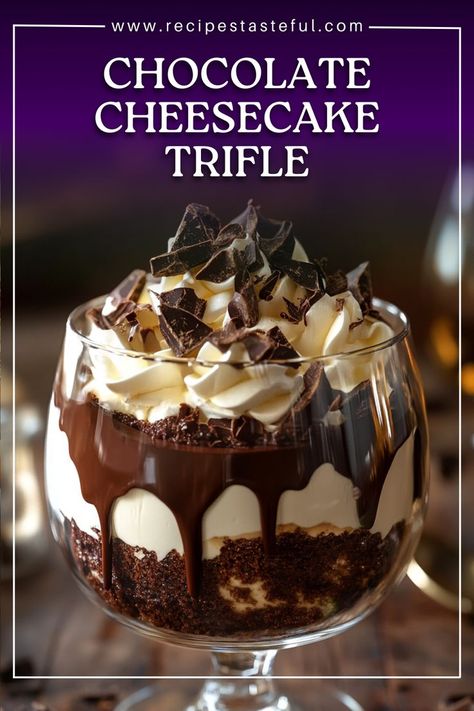 Indulge in this decadent Chocolate Cheesecake Trifle, featuring layers of rich chocolate pudding, creamy cheesecake, and crunchy chocolate cookies. Topped with a luscious drizzle of chocolate syrup, this dessert is perfect for any chocolate lover. Chocolate Cheesecake Trifle, Chocolate Trifle Desserts, Punch Bowl Cake Recipe, Trifle Bowl Recipes, Holiday Cheesecake, Chocolate Pudding Desserts, Christmas Trifle, Cheesecake Trifle, Xmas Desserts