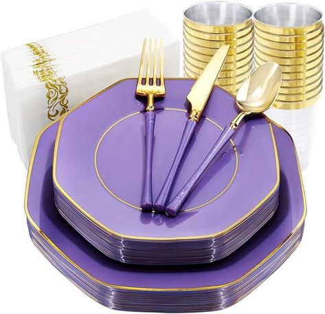 Amazon.com: KIRE 140Pcs Purple Plastic Plates with Gold Rim& Gold Disposable Plastic Silverware with Purple Handle&Clear Gold Cups&Hand Napkin- Geometric Purple Plastic Plates for Parties&Mothers Day : Health & Household Purple And Blue Wedding Plates, Purple And Silver Plates, Dishware Sets Purple, Kitchen Plates Set Purple, Dark Purple Napkins, Plastic Plates Wedding, Black Plastic Plates, Gold Plastic Silverware, Purple Plates