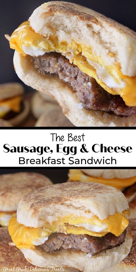 Homemade Breakfast Sandwiches are a delicious breakfast recipe, made with homemade English muffins, sausage patties, fried eggs, and a slice of cheese. A double photo collage of breakfast sandwiches where you can see the English muffin, sausage patty, egg, and melted sliced cheese. Egg And Sausage English Muffins, Homemade Sausage Egg And Cheese Biscuit, Sausage Egg Cheese Sandwich, Sausage Egg And Cheese English Muffins Freezer, Diy Sausage Egg Mcmuffin, English Muffin Sausage And Cheese, Egg Sausage Biscuits, Sausage Egg Cheese English Muffins, Sausage Biscuit Sandwich