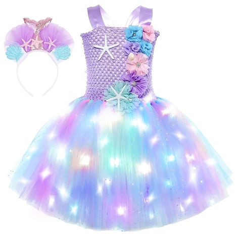 PRICES MAY VARY. Fancy LED mermaid outfit, package including: 1 LED tutu dress + 1 mermaid headband The top decor with flowers, very sweet, with fancy light up dress, to dress up as a fairy mermaid princess! Stretchy crochet top, 5 sizes for your choice, please kindly check the size chart before order(the last picture), thank you Lined top, very soft and comfortable, don’t worry about see through Perfect for mermaid party, birthday party, Halloween costumes, dress-up, gifts, special occasion, ph Mermaid Birthday Outfit For Girl, Tutu Halloween Costumes, Light Up Tutu, Girls Mermaid Costume, Led Tutu, Mermaid Birthday Outfit, Halloween Fiesta, Stretchy Crochet, Mermaid Tutu