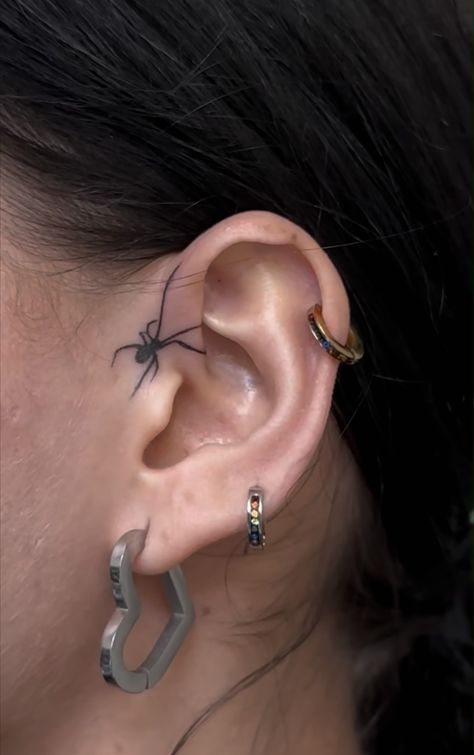 Tiny Ghost Face Tattoo, Behind Ear Tattoo Grunge, Spider On Finger Tattoo, Eye Candy Tattoo Idea, Neck To Ear Tattoo, 8 Ball Tattoo Behind Ear, Chaotic Tattoo Design, Lightning Tattoo Behind Ear, Flame Ear Tattoo