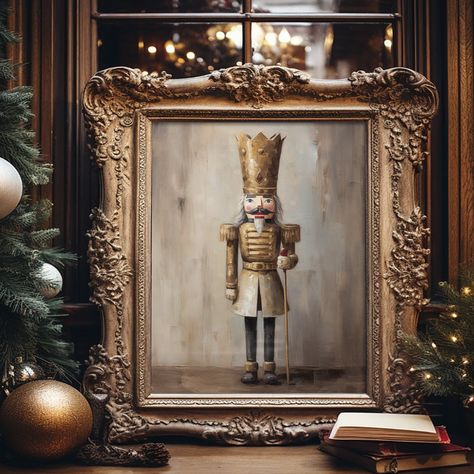 "Gold Nutcracker Vintage Style Christmas Wall Art Decor Poster Print DETAILS Printed on premium museum-grade paper using high-quality fade-resistant archival inks and shipped in a mailing tube. Frame for inspiration only and not included. GREAT FOR Decking your walls with Christmas spirit for the holiday season, adding a winter theme to your home during the winter months. CROPPING Actual design cropping may vary based on the print size you select. 16x20\" shows the full artwork. Print size corre Nutcracker On Mantle, Christmas Trumpet Decoration, Celebrity Christmas Decor, Elegant Traditional Christmas Decor, Modern Nutcracker Christmas, Bridgerton Christmas Decor, Nutcracker Centerpiece Holiday Tables, Gold Nutcracker Christmas, Credenza Christmas Decor