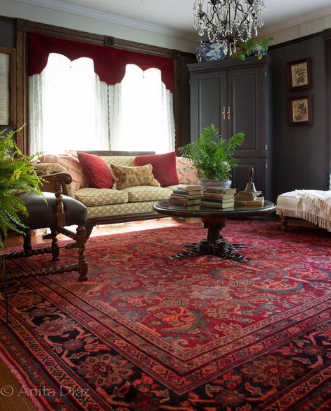 Bold and colorful summer home tour - Whispering Pines Homestead Red Rug In Living Room, Living Room With Red Carpet, Red Rug Room, Red Rug Decor, Dark Red Rug Living Room, Red Carpet Home Decor, Red Orientalist Rug Living Room, Red Rug Living Room Decor, Red Persian Rug Living Room