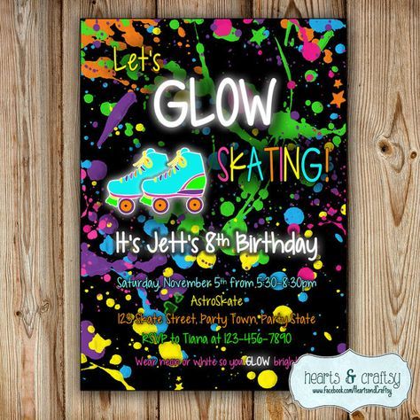 Skating Party Invitation / Glow In The Dark Skating Birthday Invitation / Glow Skate Invitation / Glow Party Invite DIGITAL FILE to PRINT Glow In The Dark Bowling, Skate Invitations, Roller Skate Birthday Party, Glow Bowling, Skate Birthday Party, Bowling Invitations, Bowling Birthday Invitations, Bowling Party Invitations, Party Location