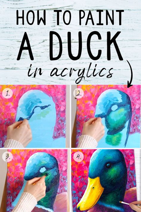 how to paint a duck in acrylics Paintings Of Ducks, Abstract Duck Painting, How To Paint A Duck, Painted Ducks, Colourful Animals, Duck Painting, Painting Colourful, Bird Paintings On Canvas, Lauren Elizabeth