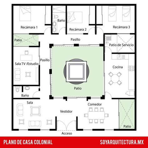 Modern Colonial House, Hacienda Style Homes, Colonial House Plans, Mexico House, Courtyard House Plans, Architectural Floor Plans, 광고 디자인, Sims House Plans, Casas Coloniales