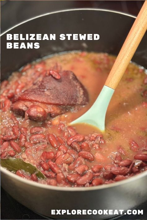 A large pot full of stewed beans.  There is a pork hock and bay leaf in the beans, as well as a blue spoon with a wooden handle resting in the pot. Stewed Beans, Carribean Food, Around The World Food, Rice And Beans, Soup Recipes Slow Cooker, Bean Stew, Hispanic Food, Island Food, Soup And Sandwich