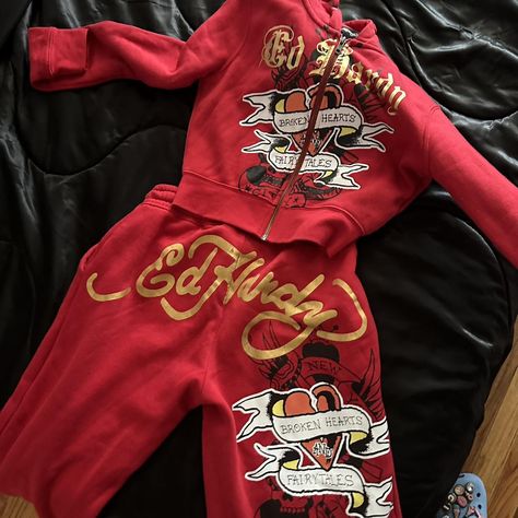 Red Ed Hardy Sweatsuit Worn Like Once #Edhardy #NYC... - Depop Edhardy Y2k Tracksuit, Ed Hardy Sweatsuit, Ed Hardy Set, Ed Hardy Tracksuit, Y2k Tracksuit, Rhinestone Hoodie, Dragon Hoodie, Future Wardrobe, Cropped Zip Up