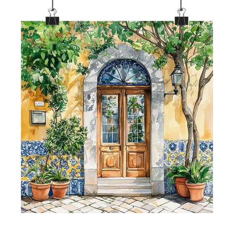 Lisbon Print, Portugal Travel Gift, European Door Watercolor Painting, Portuguese Wall Decor, Europe Door Art, Streetscape Travel Poster European Doors, Porto Portugal, Portugal Travel, Lisbon, Travel Gifts, Travel Art, Mosaic Tiles, Travel Posters, Digital Artwork