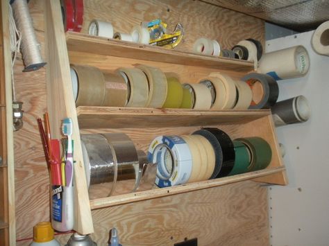 Tape shelves with a 15 degree back slope to keep all the rolls in place. Arbejdsplads Garage, Washi Tape Storage, Tape Organizer, Garage Workshop Organization, Tape Storage, Carpentry Workshop, Woodworking Tools Storage, Garage Tool Organization, Desk Organization Diy