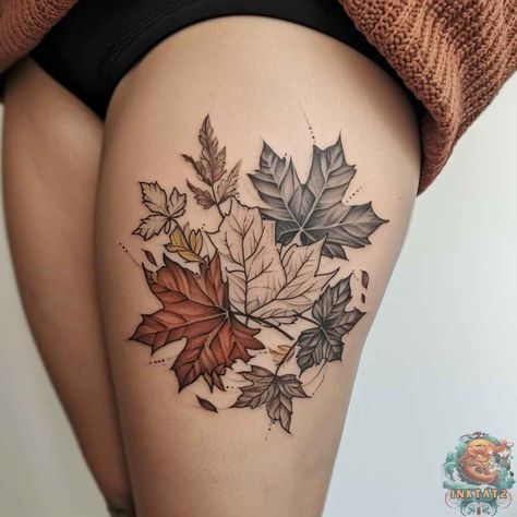 Pumpkin Leaves Tattoo, Fall Tattoo Black And White, Autumnal Tattoo Ideas, Tattoo Ideas Autumn, Fall Leaves Tattoo Black, Autumn Themed Tattoos, Fall Foliage Tattoo, Pumpkin And Fall Leaves Tattoo, Autumn Tattoos For Women