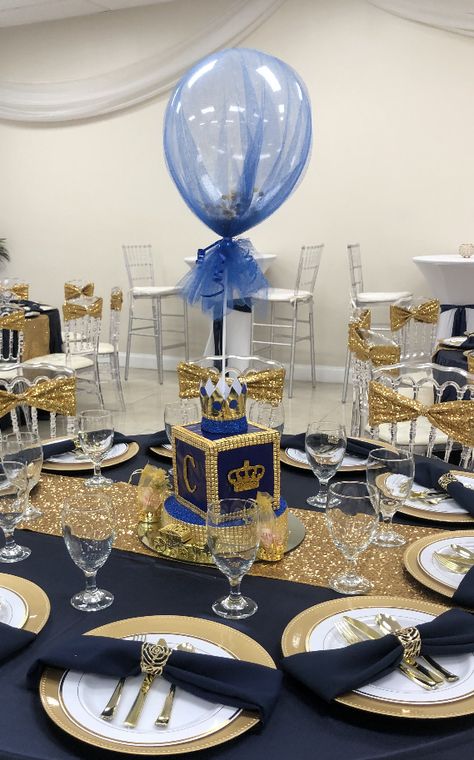 Gold And Royal Blue Centerpieces, Prince Theme Centerpieces, Royal Prince Birthday Party Centerpieces, Prince Centerpieces Royal, Boy Birthday Centerpiece Ideas, Royal Centerpiece Ideas, Royal Party Theme Decoration, Royal Prince Birthday Party Decorations, Royalty Birthday Theme