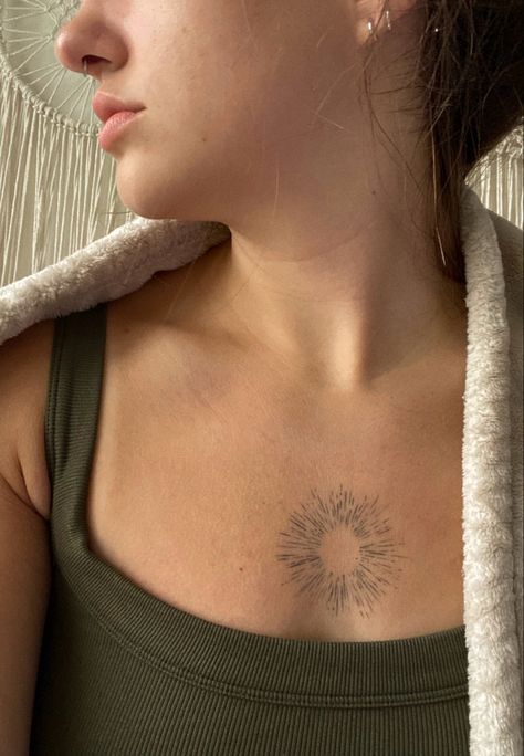 Sun On Chest Tattoo, Sun Collarbone Tattoo, Fineline Chest Tattoo, Chest Sun Tattoo, Sun Chest Tattoo Female, Center Of Chest Tattoo, Minimal Chest Tattoo, Sun And Moon Chest Tattoo, Star Burst Tattoo