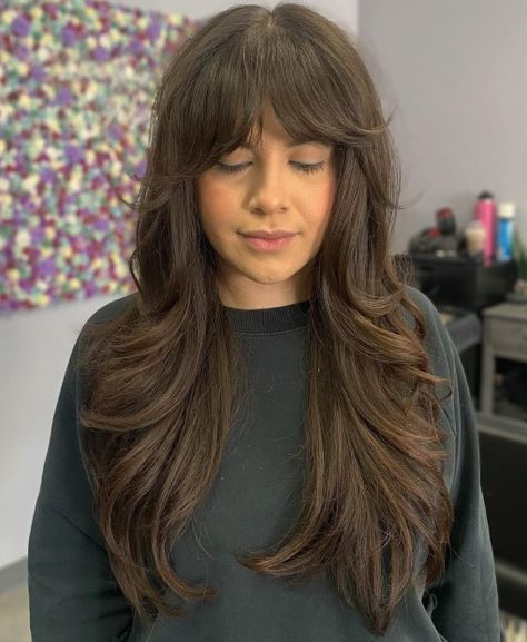 Long Layered Haircut with Bardot Bangs Butterfly Layer Haircut, Long Layered Haircuts With Bangs, Layer Haircut, Bardot Bangs, Long Layers With Bangs, Hair Aesthetics, Bangs Ideas, Layered Haircuts With Bangs, Layered Hair With Bangs