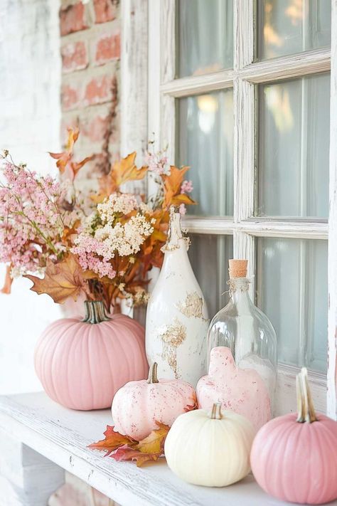 fall_decor_pink (24) Pink Fall Mantle Decor, Pink Fall Front Porch, Pink And White Fall Decor, Fall Decor Pink And Orange, Girly Fall Decor, Pink And Orange Fall Decor, Pink Autumn Aesthetic, Pink Fall Baby Shower, Fall Decor Pink