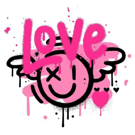 90s spray paint valentine's dat greeting card. Hand drawn graffiti texture style comic cupid emoji shape, heart and word LOVE. Design for print, sticker. Trendy 90s vintage Vector Illustration Love Graffiti Art Words, Graffiti Texture, Graffiti Hearts, Style Comic, Graffiti Heart, Love Graffiti, Girl Drawings, Word Love, Heart Logo