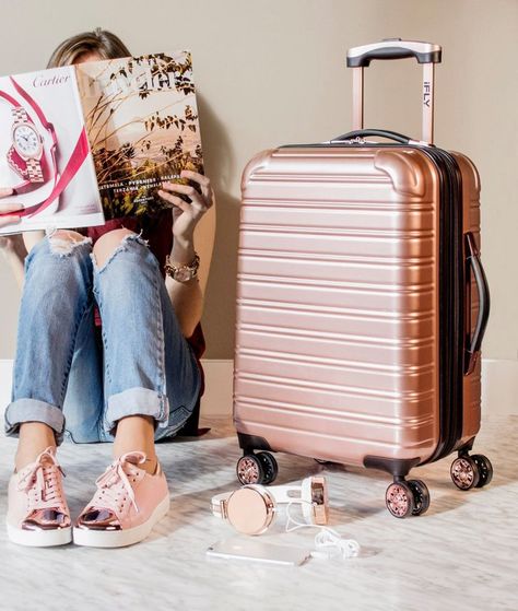 This Gorgeous Rose Gold Carry-On Suitcase Is Just $69 Rose Gold Suitcase, Luggage Aesthetic, Best Suitcases, Cute Suitcases, Old Suitcases, Rose Gold Sunglasses, Suitcase Packing, Carry On Suitcase, Suitcase Traveling