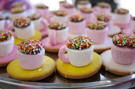 alice in wonderland tea party ideas | Top 10 Alice In Wonderland Party Food Ideas and Recipes Teacup Cookies, Party Food Table Ideas, Marshmallow Tea, Alice In Wonderland Food, Petite Fours, Mad Tea Parties, How To Make Marshmallows, Alice Tea Party, Tea Party Food