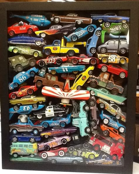 crafts and games to play with toy cars - A girl and a glue gun Matchbox Cars Display, Boy Nursery Cars, Disney Bedroom, Disney Bedrooms, Hot Wheels Display, Bedroom Toys, Cars Disney, Car Theme, Cars Room