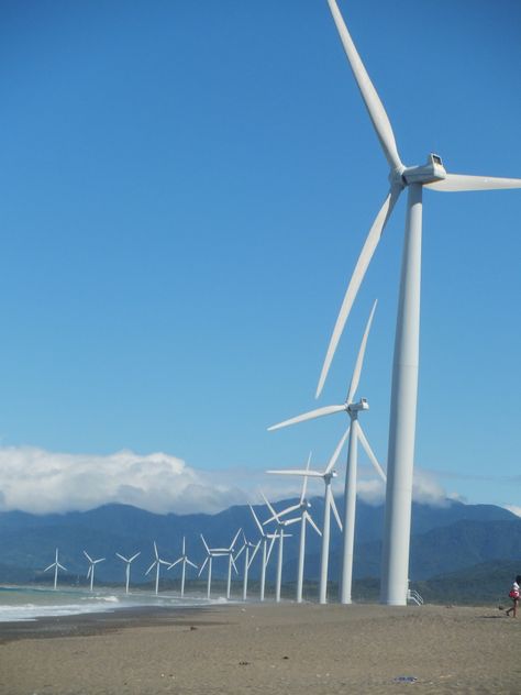 Windmill farm in Bangui, Ilocos Norte Philippines. Bangui Windmills Ilocos Norte, Windmill Aesthetic, Ilocos Norte Philippines, Ilocos Region, Pagudpud, Ilocos Norte, Wind Turbines, Wind Farm, Vigan