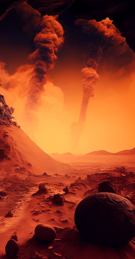 This striking image captures the fiery landscape of Mars, a seemingly endless expanse of red desolation with massive tornadoes swirling in the background. It's as if you've been transported to the gates of Hell, witnessing the power of the planet's violent dust storms. The image is a testament to the raw beauty and harsh reality of our neighboring planet. #Mars #redplanet #space #astronomy #cosmology #planet #imagination #cosmos #universe #iphonewallpaper Mars Planet Wallpaper, Mars Planet Aesthetic, Mars Background, Mars Alien, Mars Landscape, Mars Aesthetic, Mars Wallpaper, Dead Forest, Red Mars