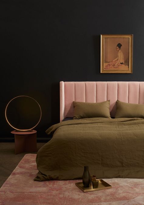 Incy Interiors soft pink velvet bedhead Green Bed Linen, Psychology Course, Dramatic Bedroom, Pink Headboard, Colour Psychology, Velvet Furniture, Velvet Headboard, Aesthetic Autumn, Autumn Colours