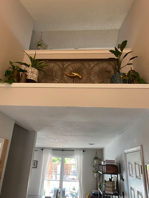 Home Ledge Decor, High Ledge Decorating Ideas Bedroom, Vaulted Ceiling Ledge Decor Bedroom, Eclectic Picture Ledge, Window Ledge Plant Shelf, Plant Ledge Decorating Vaulted Ceilings, Ceiling Ledge Decor Ideas, Kitchen Ledge Decor, High Ledge Decorating Ideas