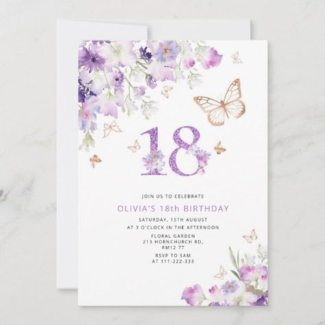 Purple Lilac Butterflies 18th birthday Invitation Lilac Invitations, Debut Invitation Ideas, Purple Birthday Invitation, Butterfly Party Invitations, Purple Birthday Card, Purple Birthday Invitations, 18th Birthday Invitation, Lilac Wedding Invitations, Debut Invitation